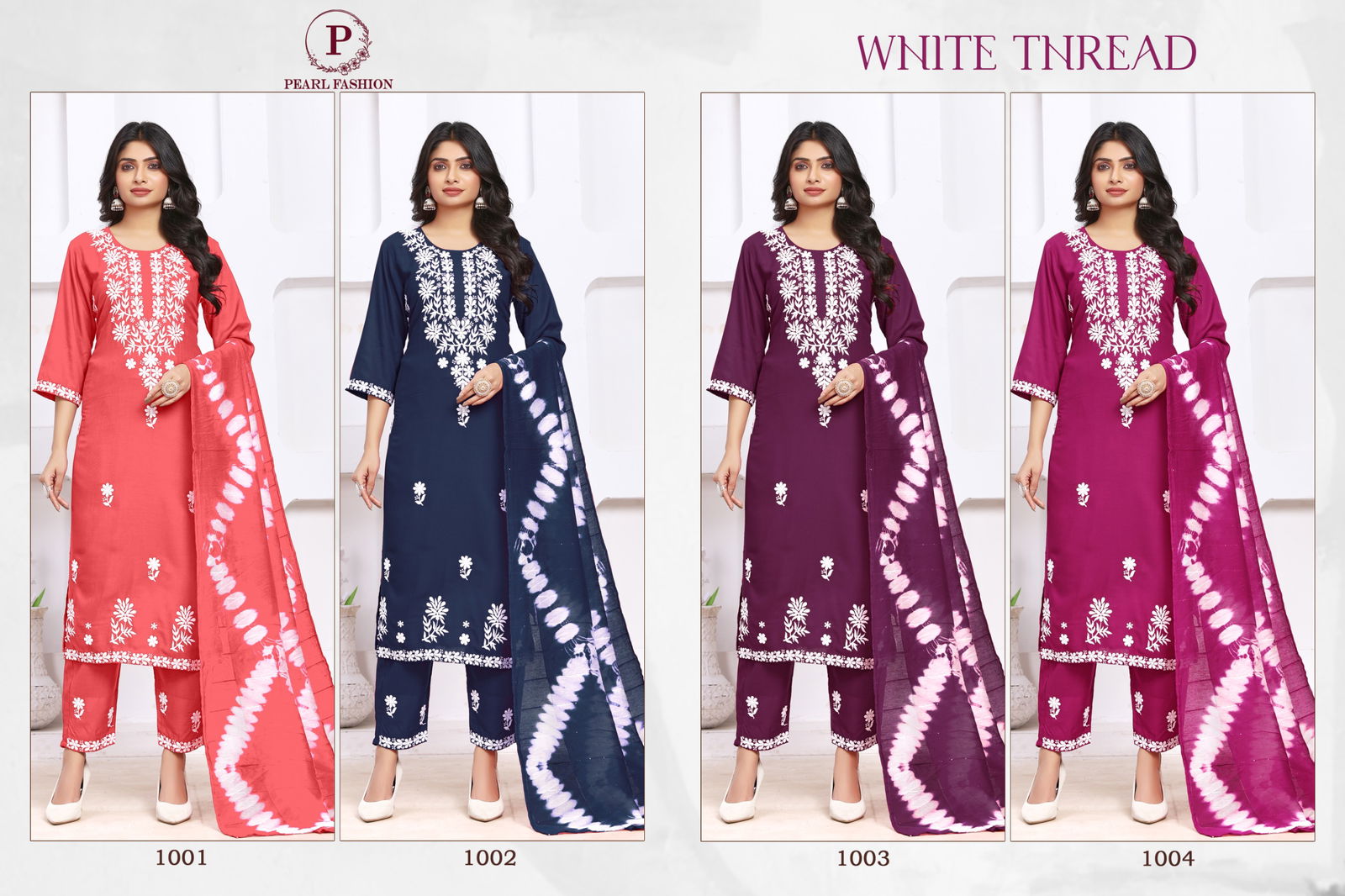 White Thread Pearl Viscose Rayon Designer Kurti With Bottom Dupatta Wholesale Shop In Surat